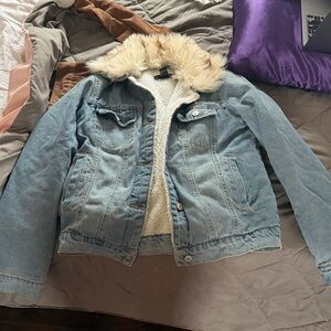 Forever 21 Light Blue Denim Jacket with Cream Faux Fur Collar